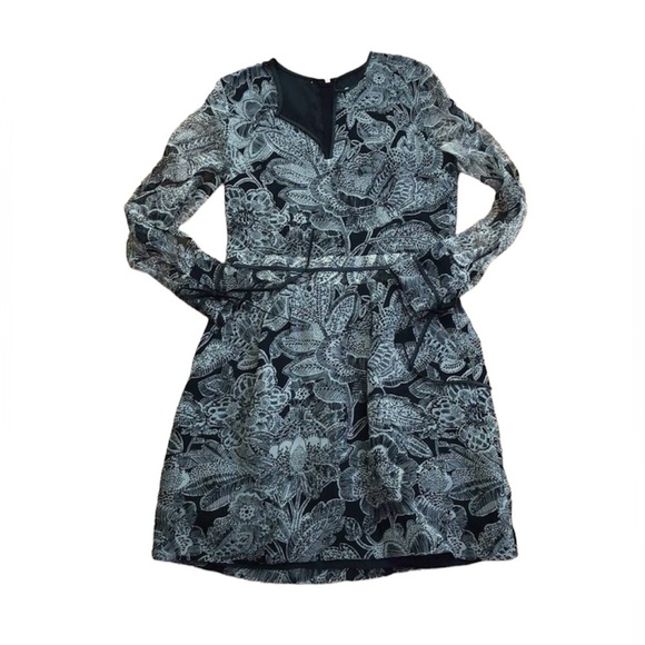 Veronica Beard Black and White Chiffon sheer Long Sleeve floral Silk Mini dress - Picture 10 of 16